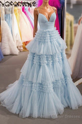 Elegant Light Blue Side Slit Tulle Long Semi Formal Prom Dress